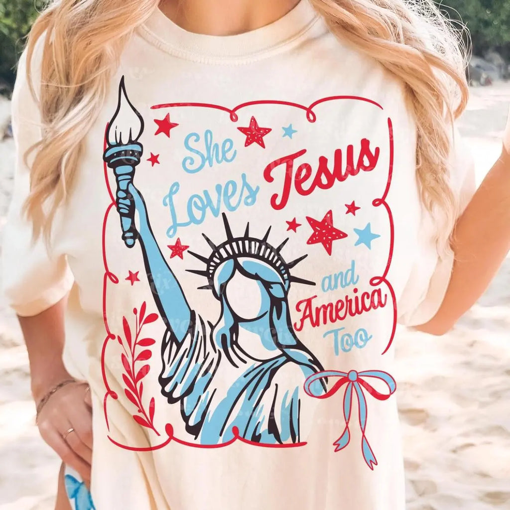 "She Loves Jesus & America Too" Vintage Patriotic Graphic Tee - Faith and Freedom 4th Of July Shirt