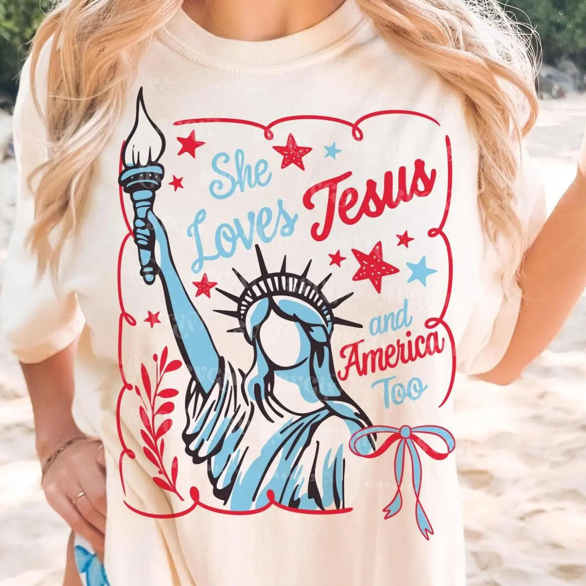 "She Loves Jesus & America Too" Vintage Patriotic Graphic Tee - Faith and Freedom 4th Of July Shirt