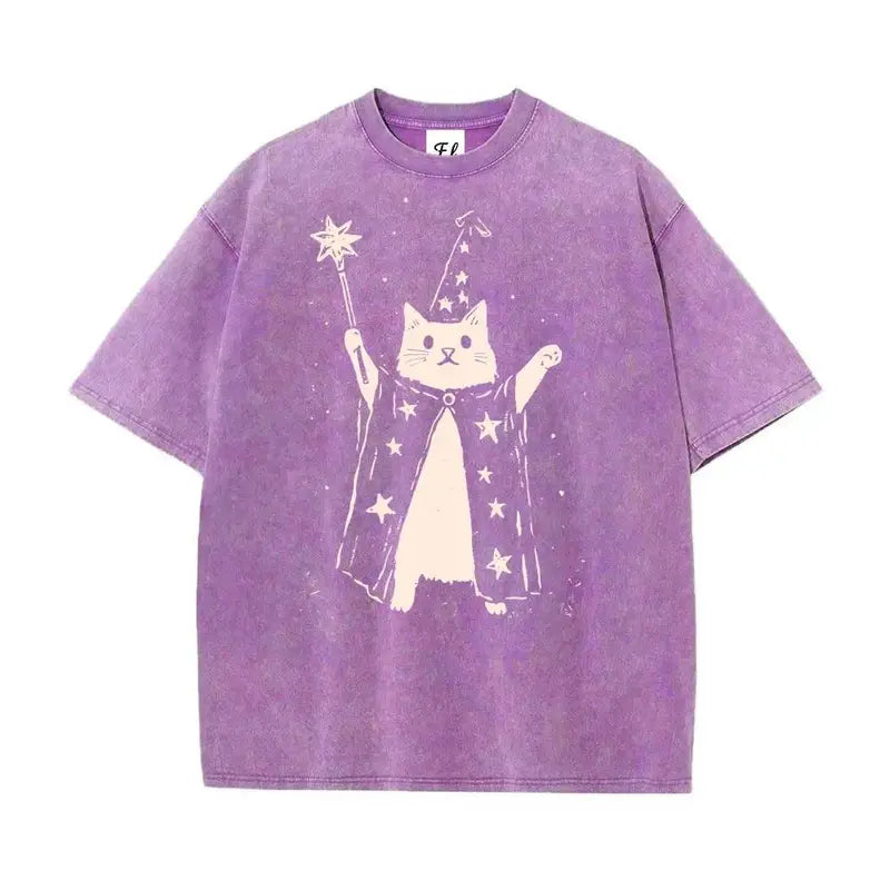 Vintage Wizard Cat Graphic T-Shirt for Magical Streetwear Lovers and Casual Everyday Style