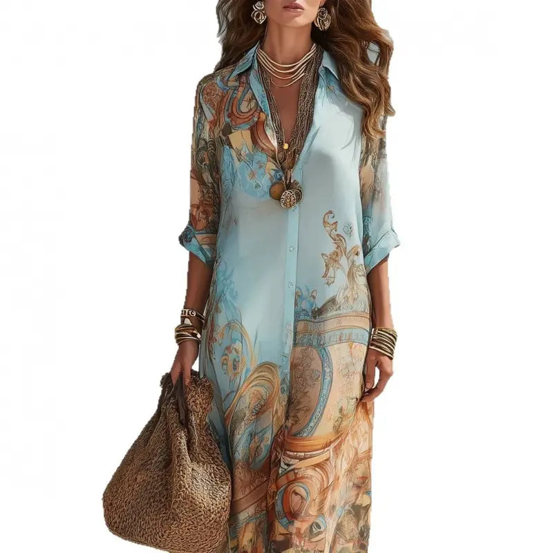 Women's V-Neck Maxi Featuring an Ethnic Printed Color Pattern, Belted Waist, Plussize Curvy Clothing, Lady, Casual Wear