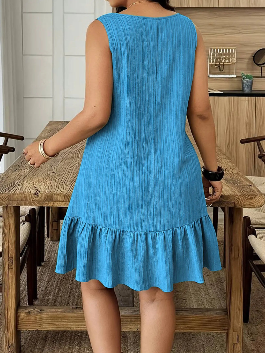 Blue Sleeveless Ruffle Hem Sundress for Summer Daily Wear
