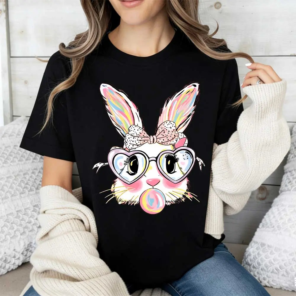 Sassy Pink Bubblegum Bunny Easter Tee - Whimsical Heart-Glasses Spring Holiday Graphic T-Shirt