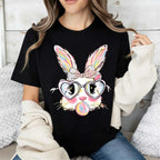 Sassy Pink Bubblegum Bunny Easter Tee - Whimsical Heart-Glasses Spring Holiday Graphic T-Shirt