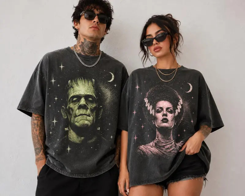 Retro Spooky Monster Couple Graphic Tee for Halloween Horror Lover Outfits