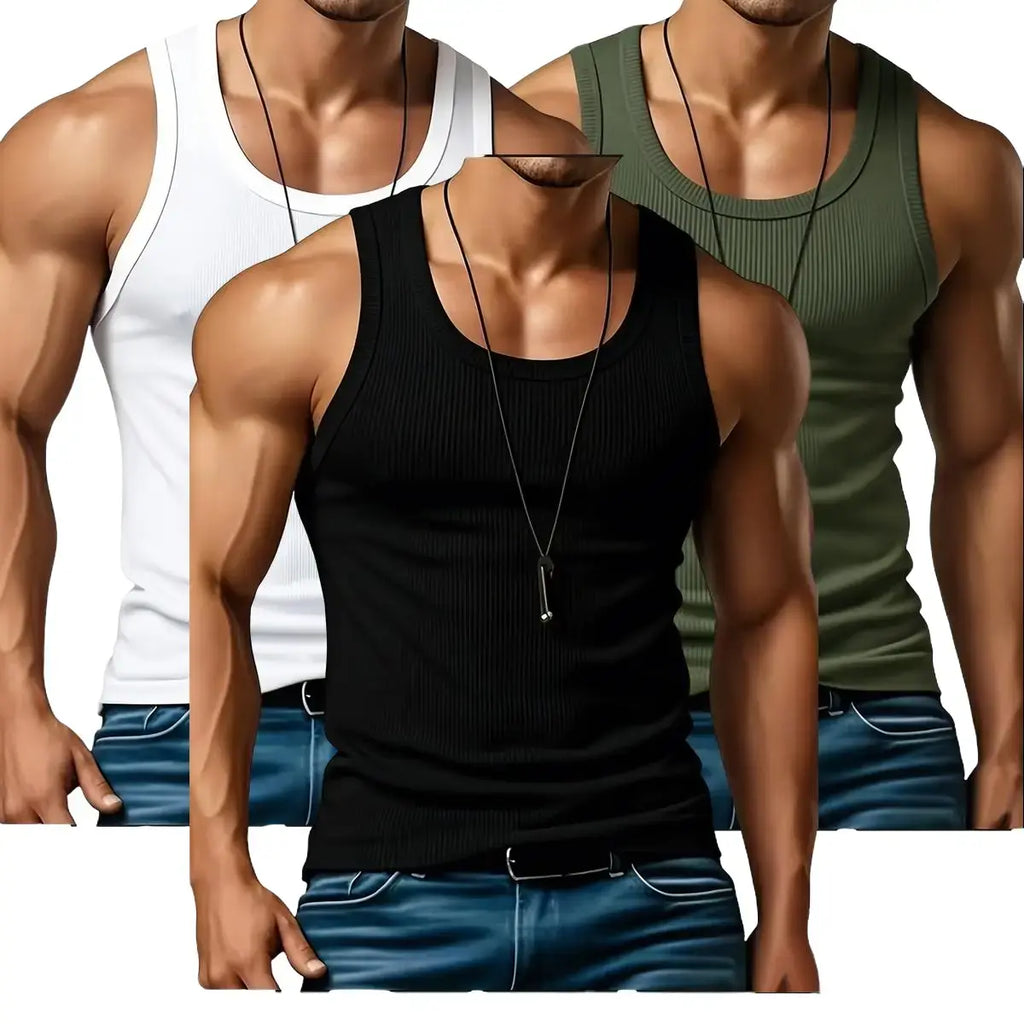 Men's Ribbed Knit Tank Top 3-Pack for Gym Training and Everyday Casual Style
