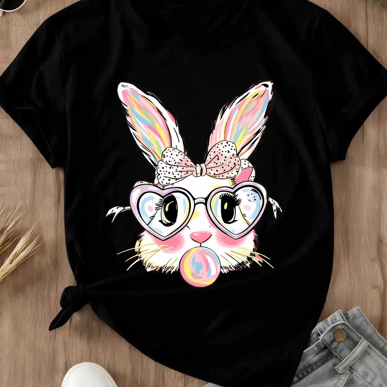 Sassy Pink Bubblegum Bunny Easter Tee - Whimsical Heart-Glasses Spring Holiday Graphic T-Shirt