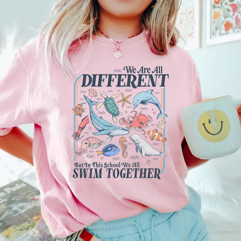 "We All Swim Together" Inclusive Ocean Teacher Tee - Vintage Comfort Colors Classroom Apparel