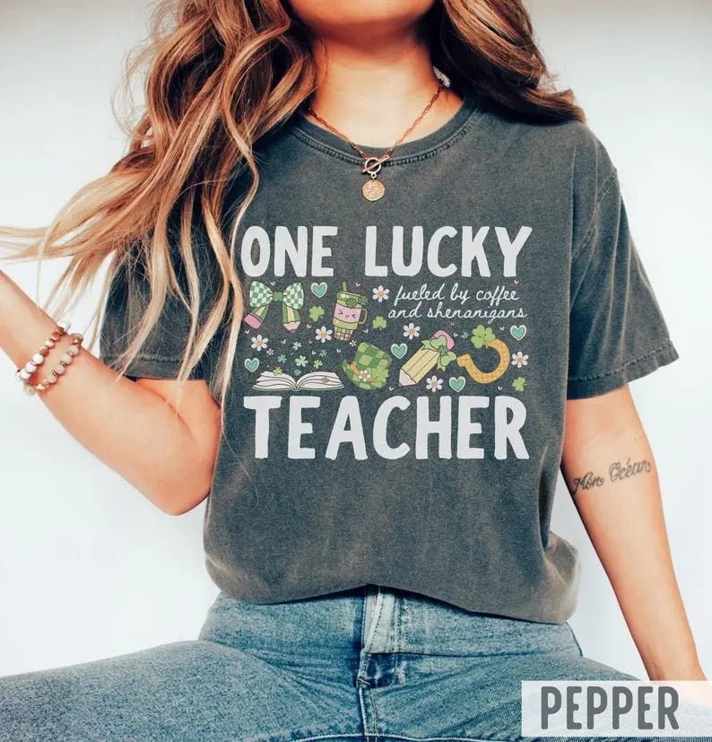 "One Lucky Teacher" Comfort Colors St. Patrick's Day Tee - Retro Coffee & Shenanigans Graphic Shirt