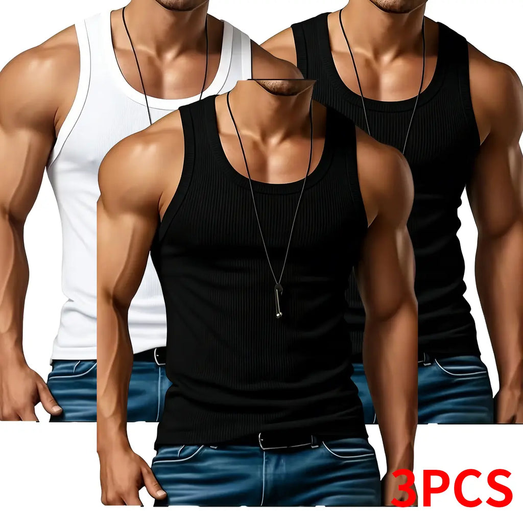 Men's Ribbed Knit Tank Top 3-Pack for Gym Training and Everyday Casual Style