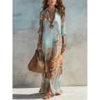 Women's V-Neck Maxi Featuring an Ethnic Printed Color Pattern, Belted Waist, Plussize Curvy Clothing, Lady, Casual Wear