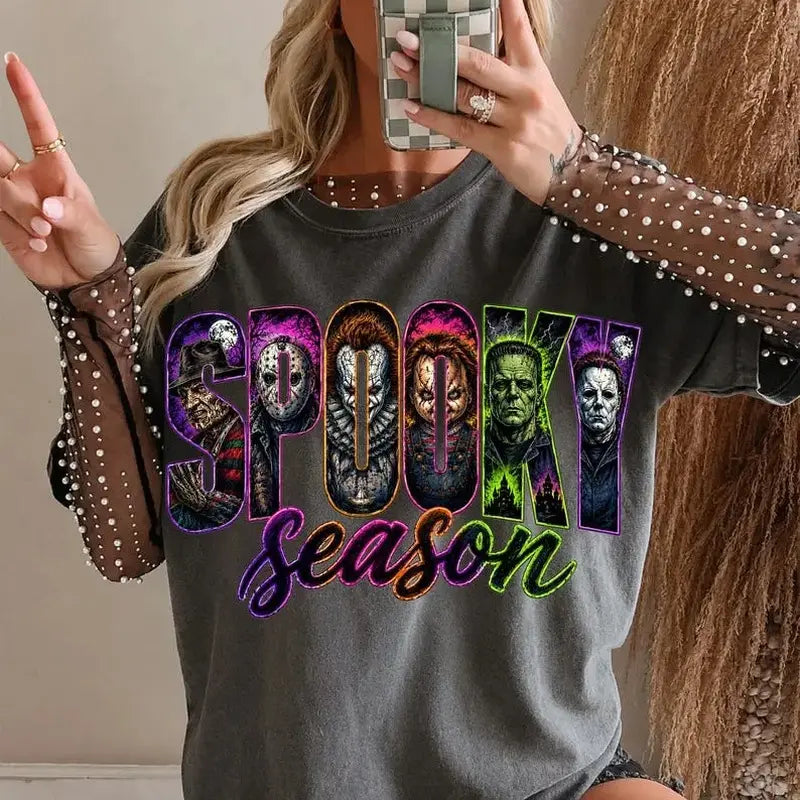 Retro Horror Spooky Season Graphic Tee for Halloween Movie Night Style