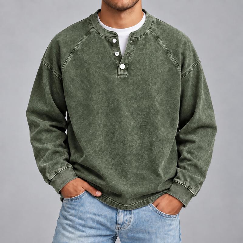 Men's Vintage Washed Henley Shirt with Long Sleeves and Relaxed Fit