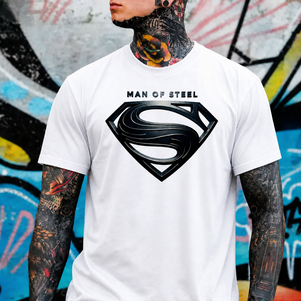 Iconic Metal Crest: Man of Steel Heritage Graphic Tee